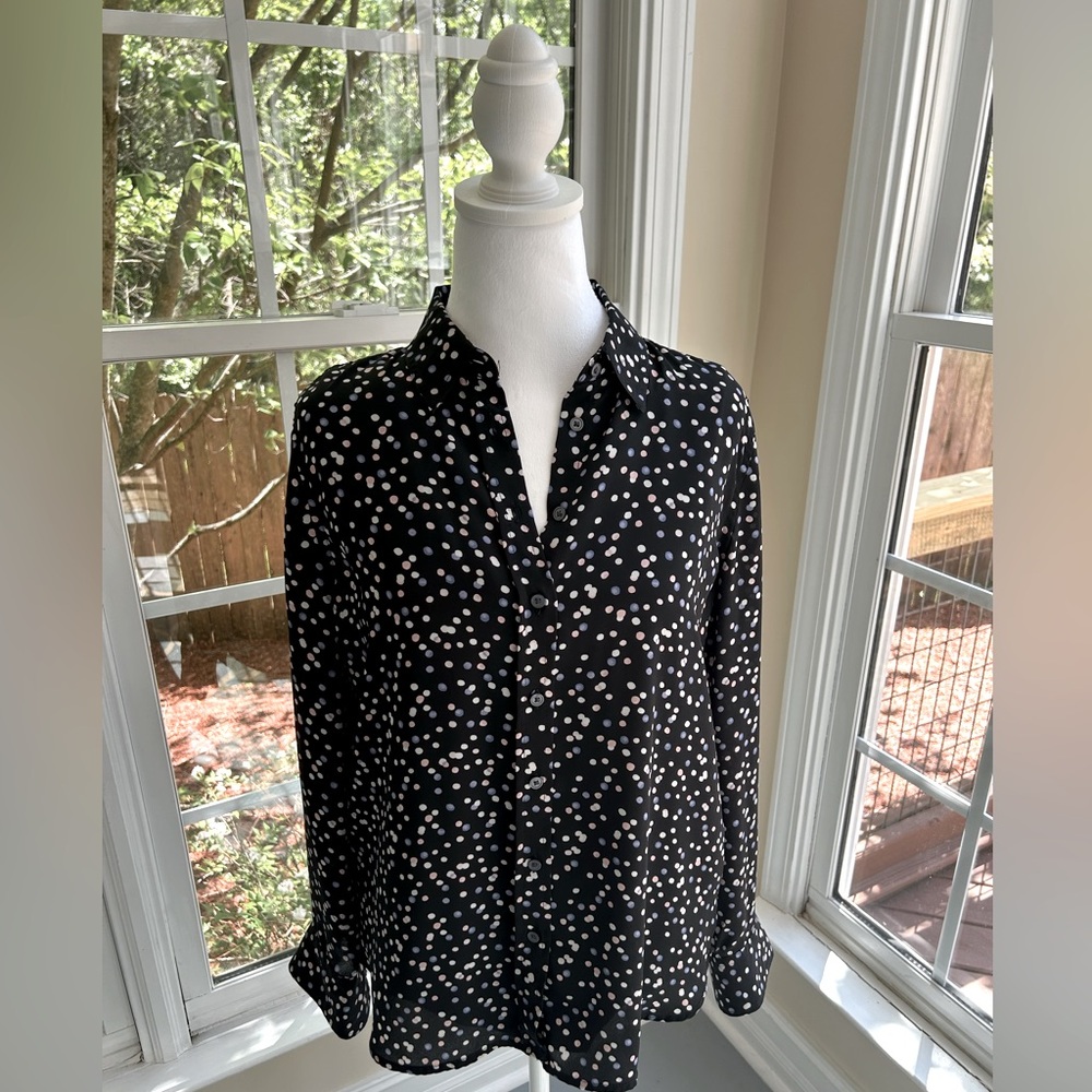 Banana Republic | Black blouse w/ White,  Pink, Light Blue Polka Dot| Sz Small